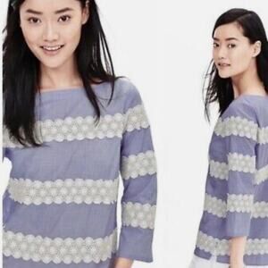 Banana Republic Size Large 100% Cotton Lace Striped Pullover Chambray Blouse